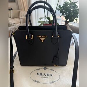 Prada navy blue Saffiano Satchel with Gold Hardware